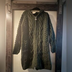 Authentic Irish Wool Hooded Cable-Knit Coat by SAOL – Forest Green - S/M